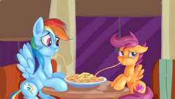 Size: 1920x1080 | Tagged: safe, artist:jbond, derpibooru import, rainbow dash, scootaloo, pegasus, pony, duo, eating, female, filly, foal, food, lady and the tramp, lesbian, mare, pasta, restaurant, scootadash, shipping, sitting, spaghetti, table