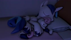 Size: 3840x2160 | Tagged: safe, artist:sporealtair, derpibooru import, shining armor, sweetie belle, unicorn, 3d, bed, bedroom, female, filly, foal, hooves, hug, sleeping, source filmmaker