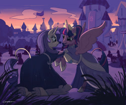 Size: 2048x1708 | Tagged: safe, artist:calaphort, derpibooru import, rarity, twilight sparkle, twilight sparkle (alicorn), alicorn, pony, unicorn, the last problem, background pony, canterlot castle, clothes, coronation dress, crown, digital art, dress, ear piercing, earring, female, gown, holding hooves, horn, jewelry, lesbian, looking at each other, looking at someone, piercing, rarilight, regalia, second coronation dress, shipping, signature, silhouette, spread wings, sundown, tail, wings