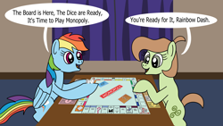 Size: 1920x1080 | Tagged: safe, artist:platinumdrop, derpibooru import, rainbow dash, toola roola, g4, g4.5, my little pony: pony life, commission, dialogue, dice, g4.5 to g4, generation leap, monopoly, speech bubble