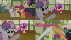 Size: 828x465 | Tagged: safe, derpibooru import, edit, edited screencap, editor:quoterific, screencap, apple bloom, cheerilee, scootaloo, sweetie belle, twist, hearts and hooves day (episode), blindfold, cutie mark crusaders, ponyville schoolhouse