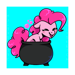 Size: 1181x1181 | Tagged: safe, artist:jellysketch, derpibooru import, pinkie pie, earth pony, pony, bubble, cauldron, ears, eyes closed, floppy ears, happy, open mouth, open smile, smiling, solo