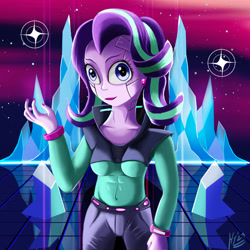 Size: 1280x1280 | Tagged: safe, artist:jphyperx, derpibooru import, starlight glimmer, cyborg, human, equestria girls, alternate design, cyberpunk, ear piercing, earring, hacking, jewelry, lipstick, painted nails, piercing, retrowave, solo, synthwave