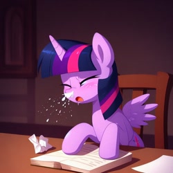 Size: 1024x1024 | Tagged: source needed, safe, ai content, derpibooru exclusive, derpibooru import, generator:bing image creator, machine learning generated, twilight sparkle, twilight sparkle (alicorn), alicorn, blushing, book, cute, eyes closed, messy, mucus, open mouth, prompter:evergreen, reading, sitting, sneezing, snot, spit, spray, tissue, twiabetes