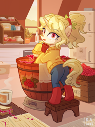 Size: 2250x3000 | Tagged: safe, artist:raineve, derpibooru exclusive, derpibooru import, oc, oc only, pony, unicorn, barrel, bipedal, boots, butt, clothes, cup, denim, female, food, jam, jeans, looking at you, looking back, looking back at you, looking over shoulder, mare, pants, plot, refrigerator, sandwich, shoes, solo, stool, strawberry, sweater, tea, teacup, towel