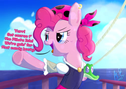 Size: 1754x1240 | Tagged: safe, artist:ace play, derpibooru import, gummy, pinkie pie, alligator, earth pony, pony, bandana, bipedal, clothes, dialogue, duo, ear piercing, earring, female, jewelry, mare, ocean, piercing, pirate, pirate pinkie pie, pointing, underhoof, water