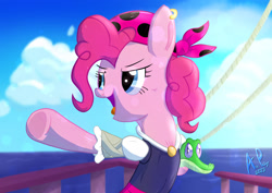 Size: 1754x1240 | Tagged: safe, alternate version, artist:ace play, derpibooru import, gummy, pinkie pie, alligator, earth pony, pony, bandana, bipedal, clothes, duo, ear piercing, earring, female, jewelry, mare, ocean, piercing, pirate, pirate pinkie pie, pointing, underhoof, water