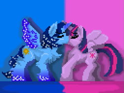 Size: 709x531 | Tagged: artist needed, source needed, safe, derpibooru import, twilight sparkle, twilight sparkle (alicorn), oc, oc:blue thunder, alicorn, pony, butt, canon x oc, kiss on the lips, kissing, pixel art, plot, thundersparkle