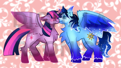 Size: 1920x1080 | Tagged: artist needed, source needed, safe, derpibooru import, twilight sparkle, twilight sparkle (alicorn), oc, oc:blue thunder, alicorn, pony, canon x oc, kiss on the lips, kissing, thundersparkle