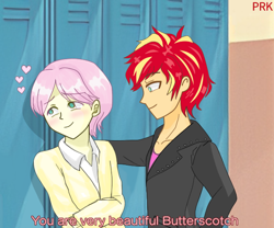 Size: 600x500 | Tagged: safe, artist:prk, derpibooru import, edit, butterscotch, fluttershy, sunset glare, sunset shimmer, equestria girls, blushing, clothes, dialogue, equestria guys, female, gay, glarescotch, heart, jacket, kabedon, lockers, male, rule 63, shipping, sunshyne, sweater, sweatershy