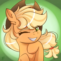 Size: 2048x2048 | Tagged: safe, artist:galaxy swirl, derpibooru import, applejack, earth pony, pony, applejack's hat, bust, clothes, cowboy hat, cute, ear freckles, eye clipping through hair, female, freckles, grin, hat, hoof under chin, jackabetes, looking at you, mare, one eye closed, portrait, smiling, solo, wink, winking at you