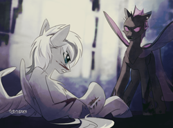 Size: 3762x2788 | Tagged: safe, artist:teturirusu, derpibooru import, oc, oc only, oc:silver edge, changeling, pegasus, pony, blood, changeling oc, commission, grey hair, grey skin, looking at each other, looking at someone, lying down, purple changeling, ych result