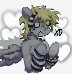 Size: 1280x1310 | Tagged: safe, artist:girl-bug 925, derpibooru import, derpy hooves, pegasus, pony, arm warmers, bandaid, bandaid on nose, bracelet, clothes, coontails, jewelry, solo, xd