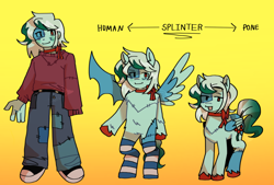 Size: 2048x1384 | Tagged: safe, artist:lawldog, derpibooru import, oc, oc only, oc:splinter, anthro, human, pony, bat wings, clothes, converse, gradient background, humanized, pegasus wings, shoes, stitches, sweater, wings