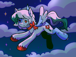 Size: 2048x1536 | Tagged: safe, artist:lawldog, derpibooru import, oc, oc only, oc:splinter, pony, undead, zombie, zombie pony, bat wings, cloud, flying, neck bow, night, night sky, pegasus wings, sky, solo, wings