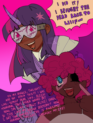 Size: 1536x2048 | Tagged: safe, artist:lawldog, derpibooru import, pinkie pie, twilight sparkle, human, undead, zombie, dark skin, duo, goggles, horn, horned humanization, humanized, mad scientist, missing eye