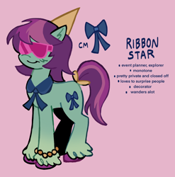 Size: 1182x1194 | Tagged: safe, artist:lawldog, derpibooru import, oc, oc only, oc:ribbon star, earth pony, pony, bracelet, earth pony oc, jewelry, pink background, simple background