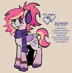 Size: 1182x1194 | Tagged: safe, artist:lawldog, derpibooru import, oc, oc only, oc:remedy, pegasus, pony, bracelet, clothes, headphones, jewelry, pegasus oc, scarf, simple background, yellow background