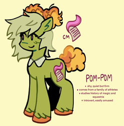 Size: 1182x1194 | Tagged: safe, artist:lawldog, derpibooru import, oc, oc only, oc:pom-pom, earth pony, pony, earth pony oc, simple background, yellow background