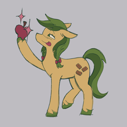 Size: 2048x2048 | Tagged: safe, artist:lawldog, derpibooru import, apple fritter, earth pony, pony, apple, apple family member, food, gray background, pigtails, simple background, solo