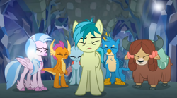 Size: 1120x622 | Tagged: safe, derpibooru import, screencap, gallus, ocellus, sandbar, silverstream, smolder, yona, changedling, changeling, classical hippogriff, dragon, earth pony, griffon, hippogriff, yak, what lies beneath, eyes closed, student six