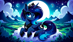 Size: 1792x1024 | Tagged: safe, ai content, derpibooru exclusive, derpibooru import, generator:dall-e 3, machine learning generated, princess luna, alicorn, pony, g4, 16:9, cloud, cute, female, grass, jewelry, looking at you, lying down, lying on a cloud, mare, moon, mountain, night, on a cloud, prone, regalia, river, smiling, smiling at you, solo, stars, water, wings