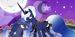 Size: 2893x1427 | Tagged: safe, artist:pastelnightyt, derpibooru import, princess luna, oc, oc:moon star, bat pony, pony, alternate design, female, mare, moon