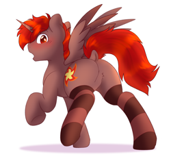 Size: 3332x3169 | Tagged: safe, artist:mariashek, derpibooru import, oc, oc only, oc:hardy, alicorn, pony, blushing, butt, butt fluff, clothes, dock, featureless crotch, full body, male, plot, rear view, simple background, socks, solo, spread wings, stallion, striped socks, surprised, tail, white background, wings