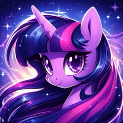 Size: 519x519 | Tagged: safe, ai content, derpibooru import, generator:bing ai, machine learning generated, twilight sparkle, pony, bing, blue background, female, glowing, head only, long hair, long mane, looking at you, shiny eyes, simple background, solo, space, sparkles, starry eyes, stars, watermark, wingding eyes