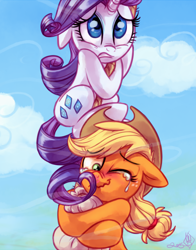 Size: 3300x4200 | Tagged: safe, artist:diamonddusted, artist:whitediamonds, derpibooru import, applejack, rarity, earth pony, pony, unicorn, g4, applejack's hat, blushing, clothes, cowboy hat, crying, duo, duo female, ears, eyebrows, eyebrows visible through hair, female, floppy ears, freckles, gritted teeth, hat, high res, horn, laughing, lesbian, mare, one eye closed, pre sneeze, rarijack, rarijack daily, rope, shipping, signature, sneezing, tail, tears of laughter, teeth, this will end in tears, tickling, wavy mouth