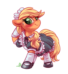 Size: 3100x3400 | Tagged: safe, artist:diamonddusted, artist:whitediamonds, derpibooru import, applejack, earth pony, pony, g4, blushing, clothes, commission, cute, dress, ears, embarrassed, female, floppy ears, freckles, high res, jackabetes, looking at you, maid, maidjack, mare, mary janes, puffy sleeves, raised hoof, raised leg, shoes, signature, simple background, skirt, smiling, socks, solo, stockings, sweat, sweatdrop, white background