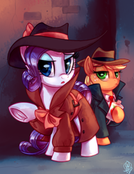 Size: 2550x3300 | Tagged: safe, artist:diamonddusted, artist:whitediamonds, derpibooru import, applejack, rarity, earth pony, pony, unicorn, g4, applejack's hat, clothes, coat, commission, cowboy hat, detective rarity, duo, duo female, fedora, female, flask, freckles, frog (hoof), hat, high res, hoof hold, mare, necktie, open mouth, raised hoof, raised leg, shadow spade, signature, trenchcoat, underhoof