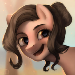 Size: 3000x3000 | Tagged: safe, artist:prisethesun, derpibooru import, oc, oc only, oc:lewdielewd, earth pony, pony, bust, female, hair bun, mare, profile, smiling, solo, teeth