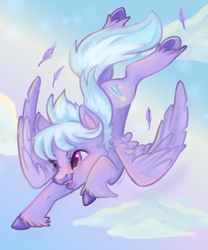 Size: 1500x1800 | Tagged: safe, artist:funky_furs, derpibooru import, cloudchaser, pegasus, pony, g4, cloud, feather, female, flying, mare, open mouth, open smile, signature, sky, smiling, solo, spread wings, underhoof, unshorn fetlocks, wings