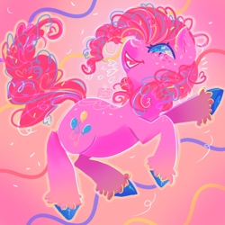 Size: 2224x2224 | Tagged: safe, artist:funky_furs, derpibooru import, pinkie pie, earth pony, pony, g4, confetti, heart, open mouth, open smile, pink background, signature, simple background, smiling, solo, tail, unshorn fetlocks