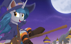 Size: 3000x1866 | Tagged: safe, artist:arcane-thunder, derpibooru import, oc, oc only, oc:arcane thunder, pony, unicorn, bag, boots, broom, canterlot, clothes, fangs, female, flying, flying broomstick, halloween, hat, holiday, mare, moon, night, open mouth, open smile, potion, rule 63, shoes, sitting, smiling, socks, solo, striped socks, vial, witch, witch hat