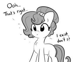 Size: 936x792 | Tagged: safe, artist:tjpones, derpibooru import, oc, oc only, oc:brownie bun, earth pony, pony, horse wife, black and white, chest fluff, cute, dialogue, emanata, female, grayscale, mare, meta, monochrome, simple background, solo, white background