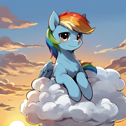 Size: 768x768 | Tagged: safe, ai content, derpibooru import, machine learning generated, rainbow dash, pegasus, pony, chest fluff, cloud, cute, female, looking at you, mare, sky, solo, sunrise