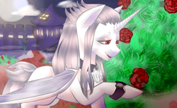 Size: 2310x1410 | Tagged: safe, artist:funky_furs, derpibooru import, oc, oc only, oc:star logic, alicorn, bat pony, bat pony alicorn, art trade, bat wings, cloud, flower, full moon, horn, lidded eyes, male, moon, outdoors, smiling, solo, tail, wings