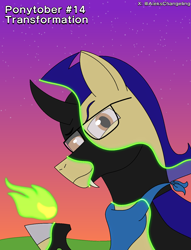 Size: 1250x1635 | Tagged: safe, artist:alejandrogmj, derpibooru import, oc, oc:alejandrogmj, changeling, pegasus, changeling oc, clothes, disguise, disguised changeling, fire, glasses, gradient background, looking at you, pegasus oc, raised hoof, raised leg, scarf, transformation