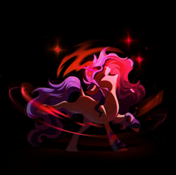 Size: 2980x2957 | Tagged: safe, artist:kraytt-05, derpibooru import, oc, oc only, oc:milou, pony, unicorn, bipedal, black background, female, glowing, glowing horn, high res, horn, magic, mare, nose in the air, open mouth, open smile, simple background, smiling, solo