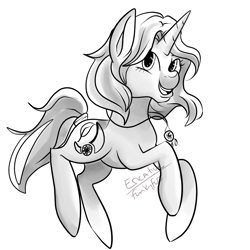 Size: 900x900 | Tagged: safe, artist:funky_furs, derpibooru import, oc, oc only, oc:dream catcher, pony, unicorn, dreamcatcher, female, grayscale, horn, looking at you, mare, monochrome, open mouth, open smile, signature, simple background, smiling, solo, tail, unicorn oc, white background