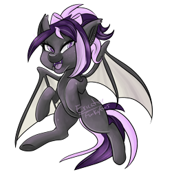 Size: 900x900 | Tagged: safe, artist:funky_furs, derpibooru import, oc, oc only, oc:nightwalker, bat pony, bat pony oc, bow, ear piercing, fangs, female, hair bow, looking at you, open mouth, open smile, piercing, signature, simple background, smiling, solo, spread wings, transparent background, wings