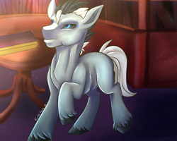 Size: 1280x1024 | Tagged: safe, artist:funky_furs, derpibooru import, oc, oc only, oc:eerie gloom, earth pony, pony, 2018, black sclera, male, raised hoof, raised leg, signature, solo, sparkles, stallion, table, tail, unshorn fetlocks