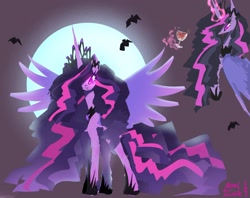 Size: 2048x1623 | Tagged: safe, artist:petaltwinkle, derpibooru import, twilight sparkle, twilight sparkle (alicorn), alicorn, bat, pony, undead, vampire, vampony, alcohol, crown, female, full moon, glass, glowing, glowing eyes, hair over one eye, jewelry, long mane, long tail, mare, moon, regalia, signature, solo, spread wings, tail, wine, wine glass, wings