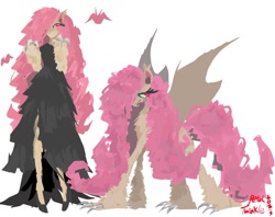 Size: 1024x811 | Tagged: safe, artist:petaltwinkle, derpibooru import, fluttershy, anthro, bat pony, plantigrade anthro, pony, undead, vampire, bat ponified, claws, clothes, dress, female, flutterbat, hair over one eye, mare, race swap, signature, simple background, spread wings, white background, wings
