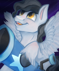 Size: 1500x1800 | Tagged: safe, artist:funky_furs, derpibooru import, mercury, starry eyes (character), pegasus, pony, g4, looking up, male, open mouth, open smile, shooting star, smiling, solo, spread wings, stallion, stargazing, stars, telescope, unshorn fetlocks, wings