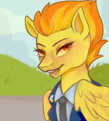 Size: 1800x2000 | Tagged: safe, artist:funky_furs, derpibooru import, spitfire, pegasus, pony, g4, clothes, female, folded wings, lidded eyes, looking at you, mare, necktie, open mouth, outdoors, solo, uniform, wings
