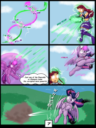 Size: 6000x8000 | Tagged: safe, artist:chedx, derpibooru import, twilight sparkle, twilight sparkle (alicorn), alicorn, comic:learning with pibby glitch battles, comic, commission, community related, corrupted, crossover, dc comics, fight, laser, multiverse, starfire, teen titans, teleportation