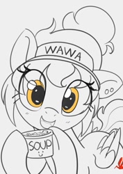 Size: 848x1200 | Tagged: safe, artist:pabbley, derpibooru import, oc, oc only, oc:wah wah, pegasus, pony, eye clipping through hair, female, food, gray background, grayscale, hoof hold, looking at you, mare, monochrome, open mouth, open smile, partial color, simple background, smiling, smiling at you, solo, soup, wawa